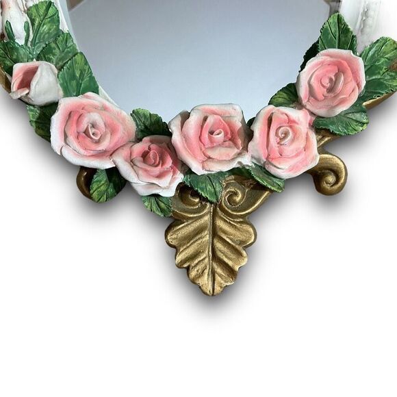 Floral Oval Wall Mirror with Pink Roses - Picture 3 of 14